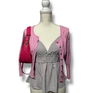 Pink Cardigan and Gray Top